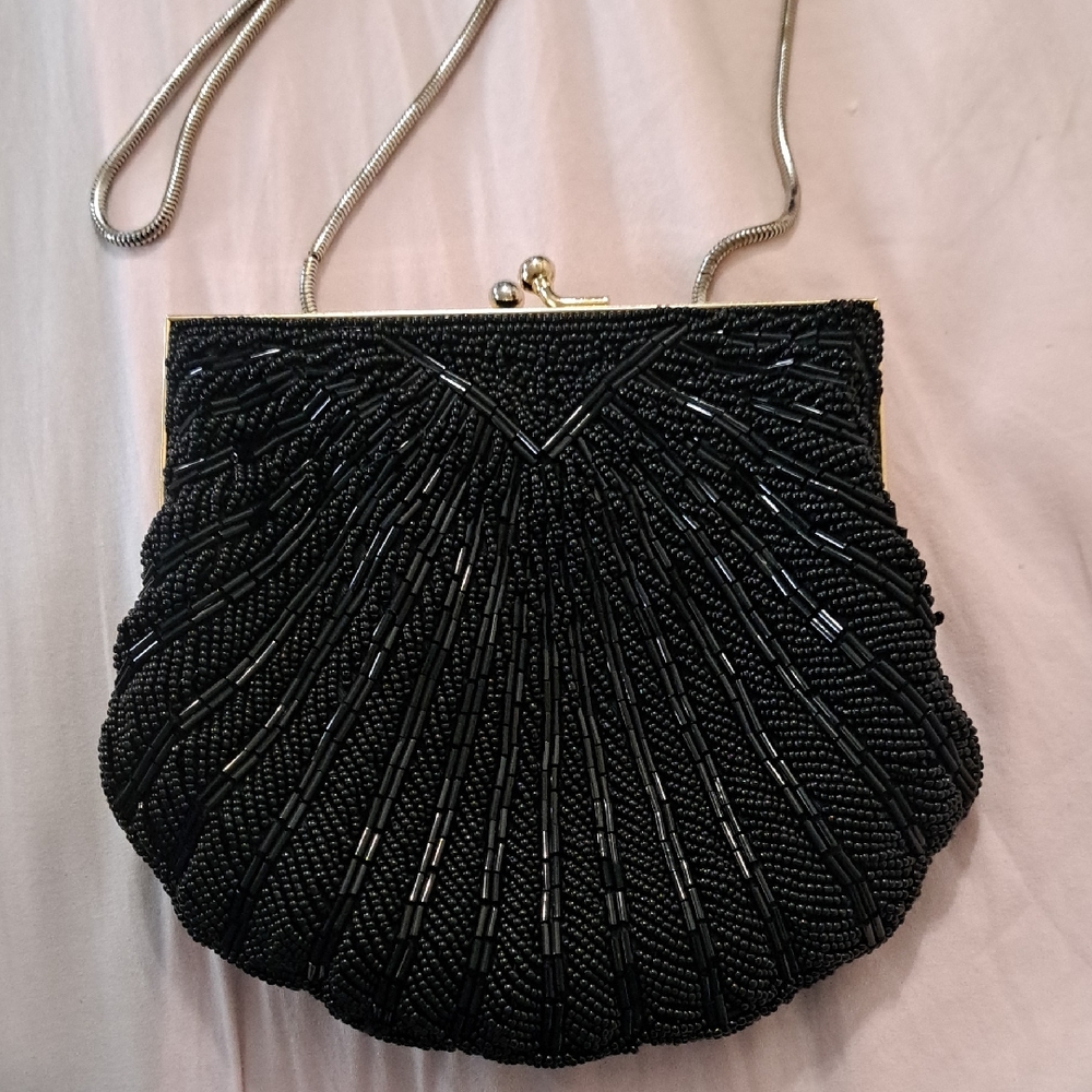 Elegant Black Beaded Evening Clutch with Chain Strap
